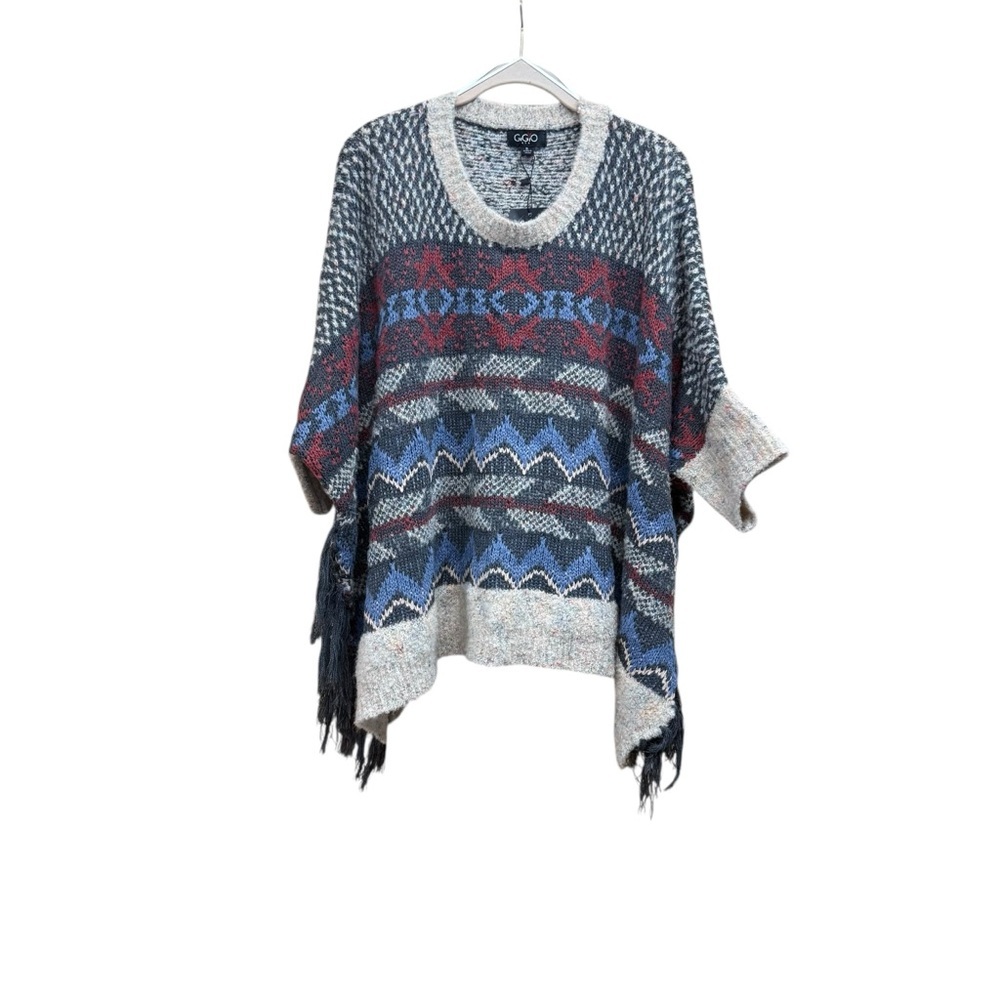 GiGiO USA Women's Blue Patterned Poncho sweater Sz Small Brand New